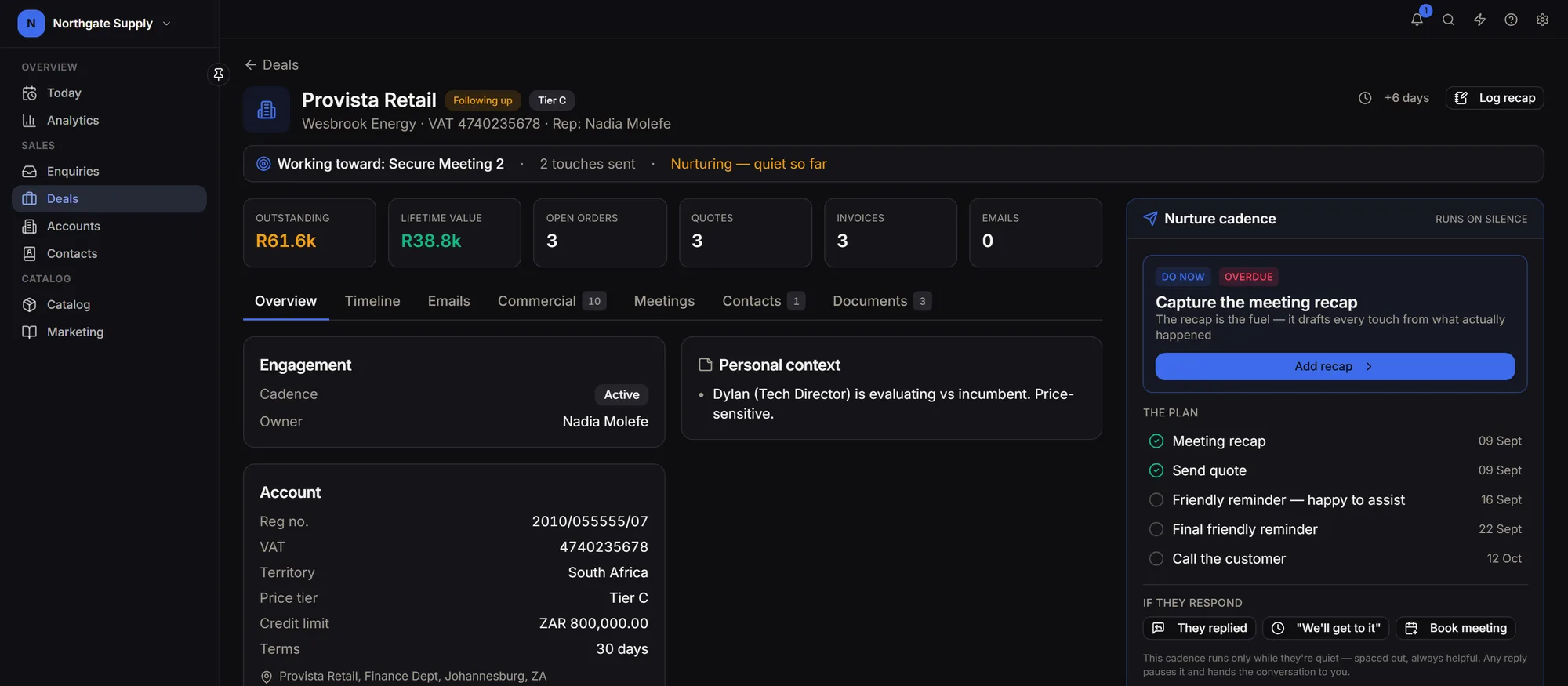 Account detail showing phase, cadence and the context carried into every touch