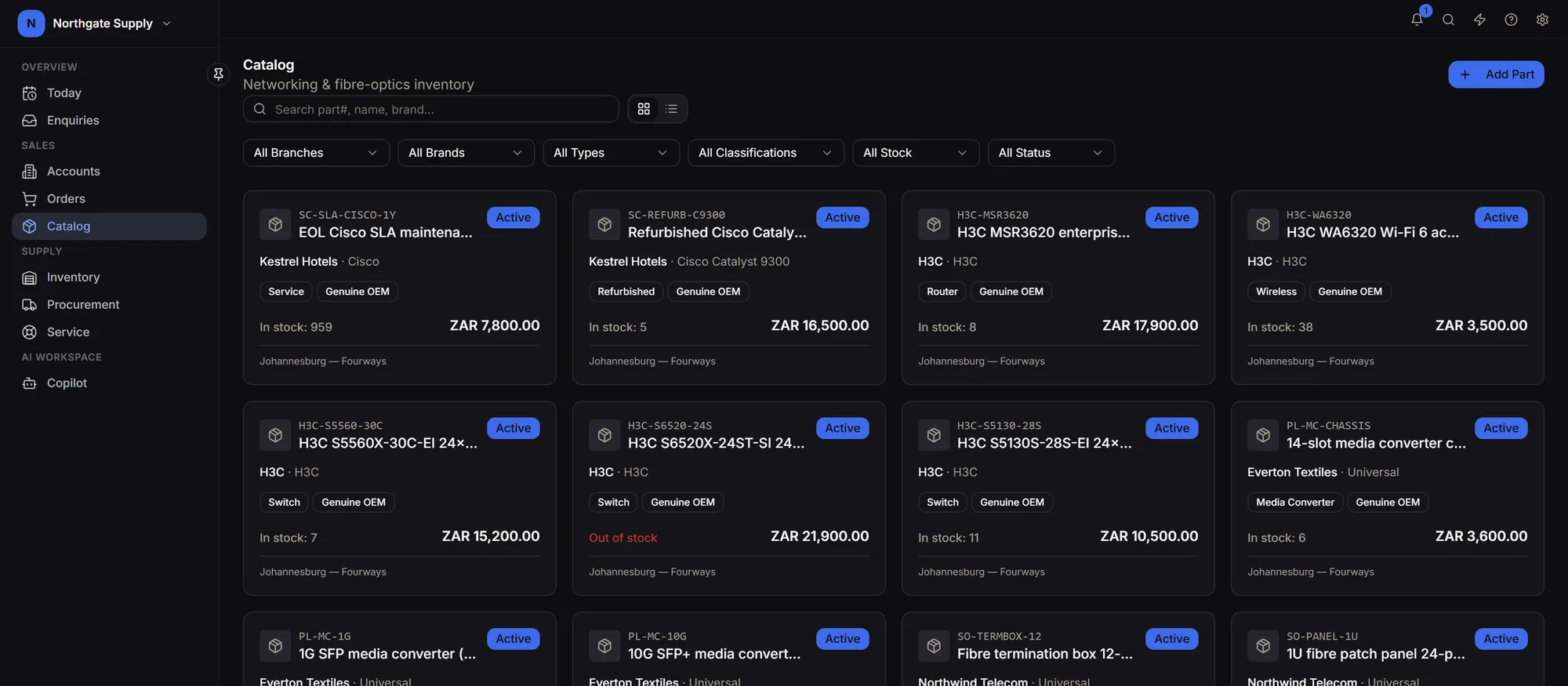 Product catalogue with codes and pricing