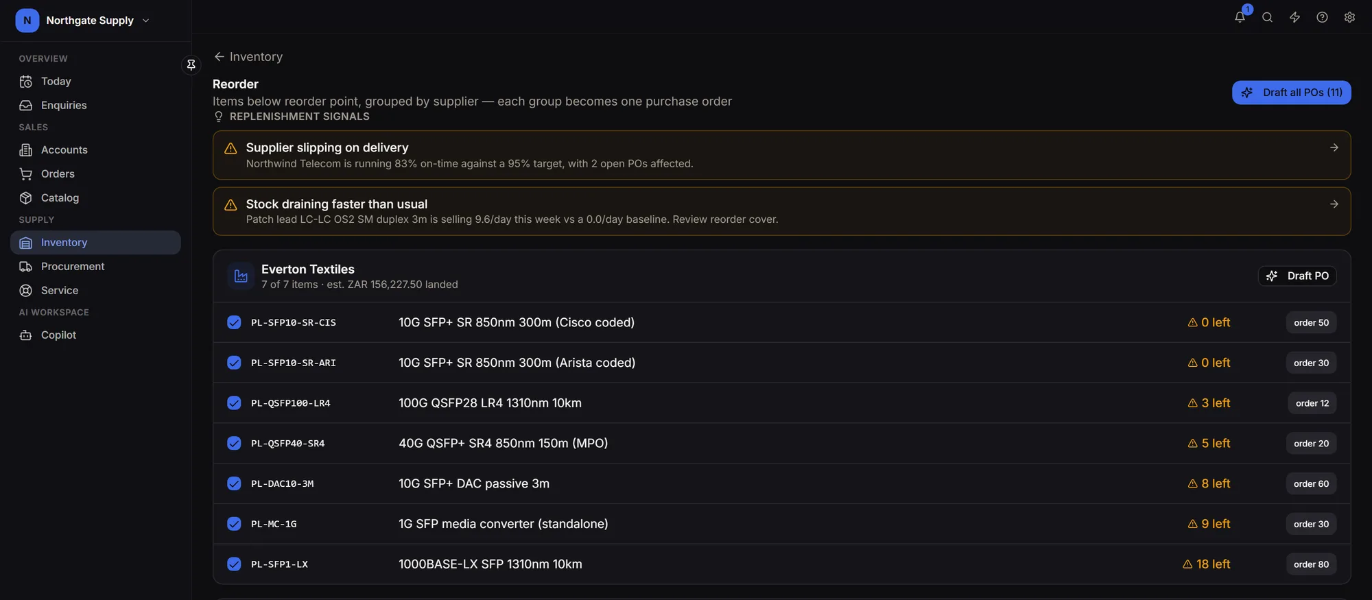 Reorder screen showing lines below their reorder point with supplier lead times and suggested order quantities