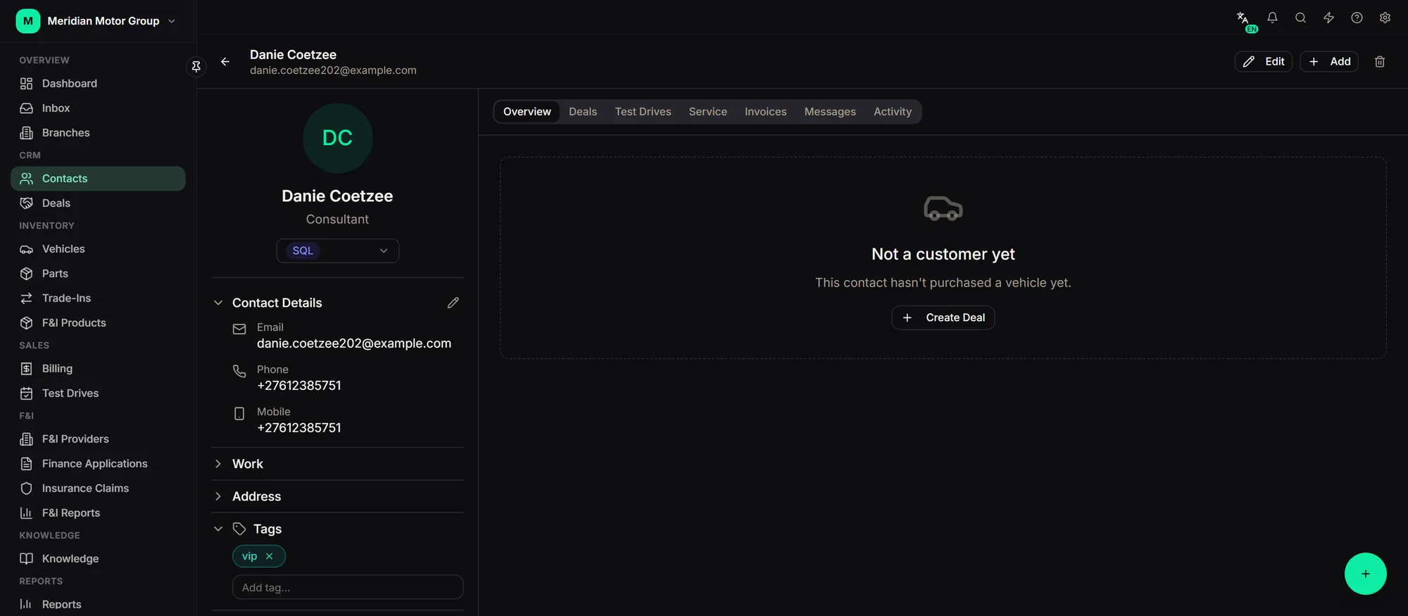 Customer record showing their deals, vehicles and history