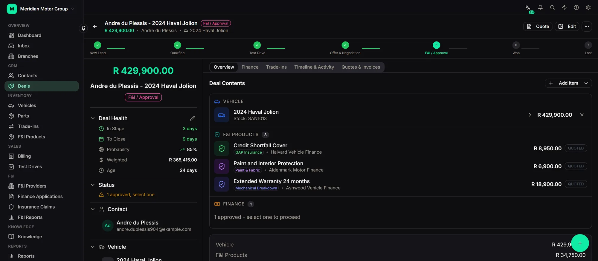 Deal detail showing stage pipeline, deal health, vehicle, F&I products and finance status