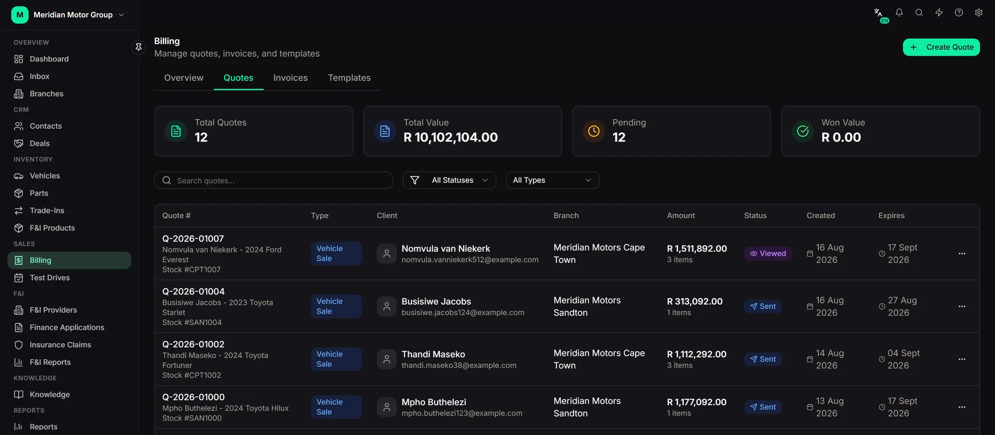 Quotes list showing each quote with its customer, value and status