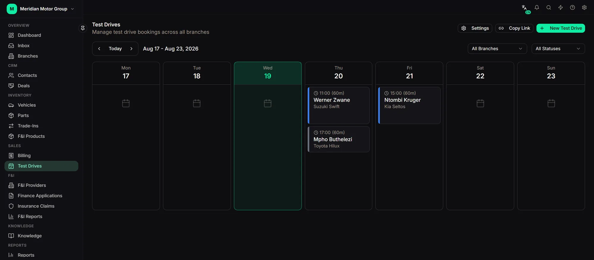 Test drive bookings with vehicle, customer, slot and status