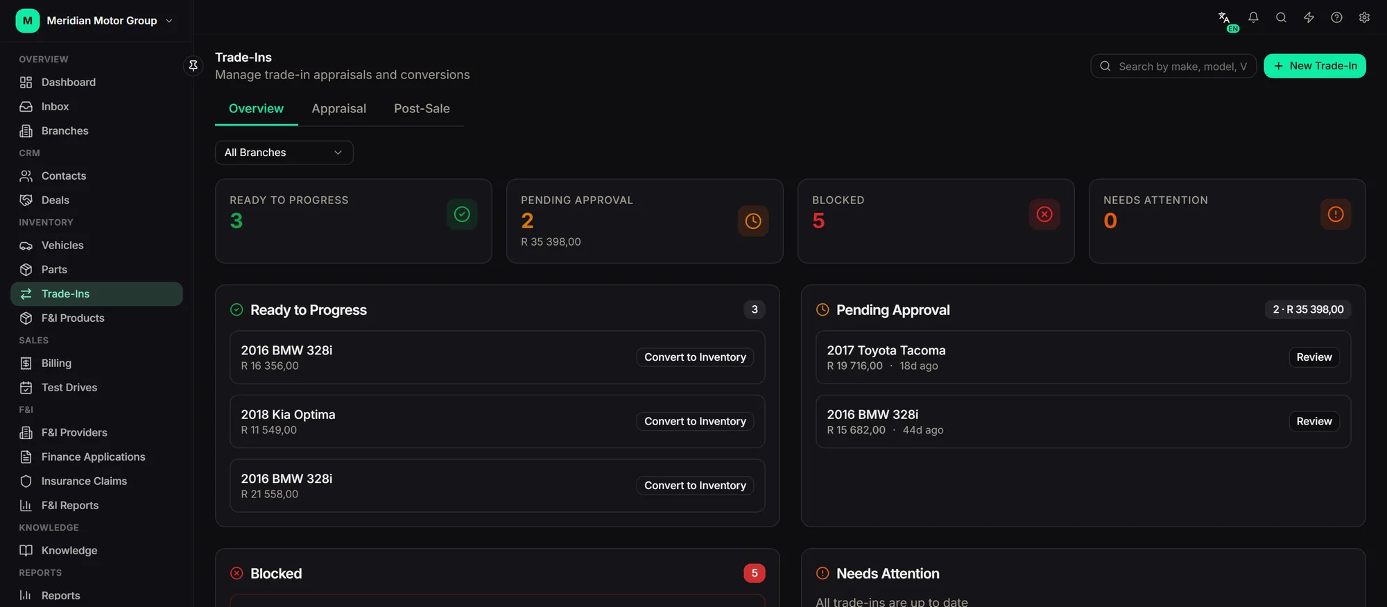 Trade-in appraisals showing market value, offered and accepted values