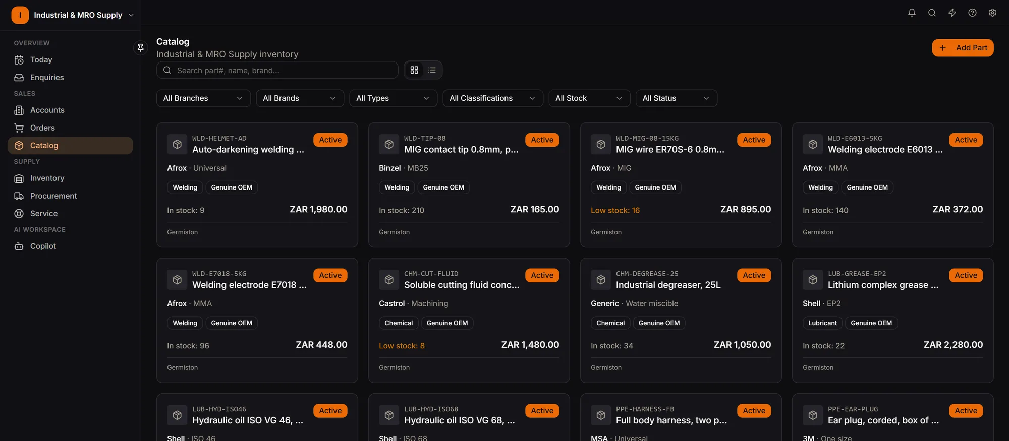 Industrial and MRO catalogue with codes, stock and pricing