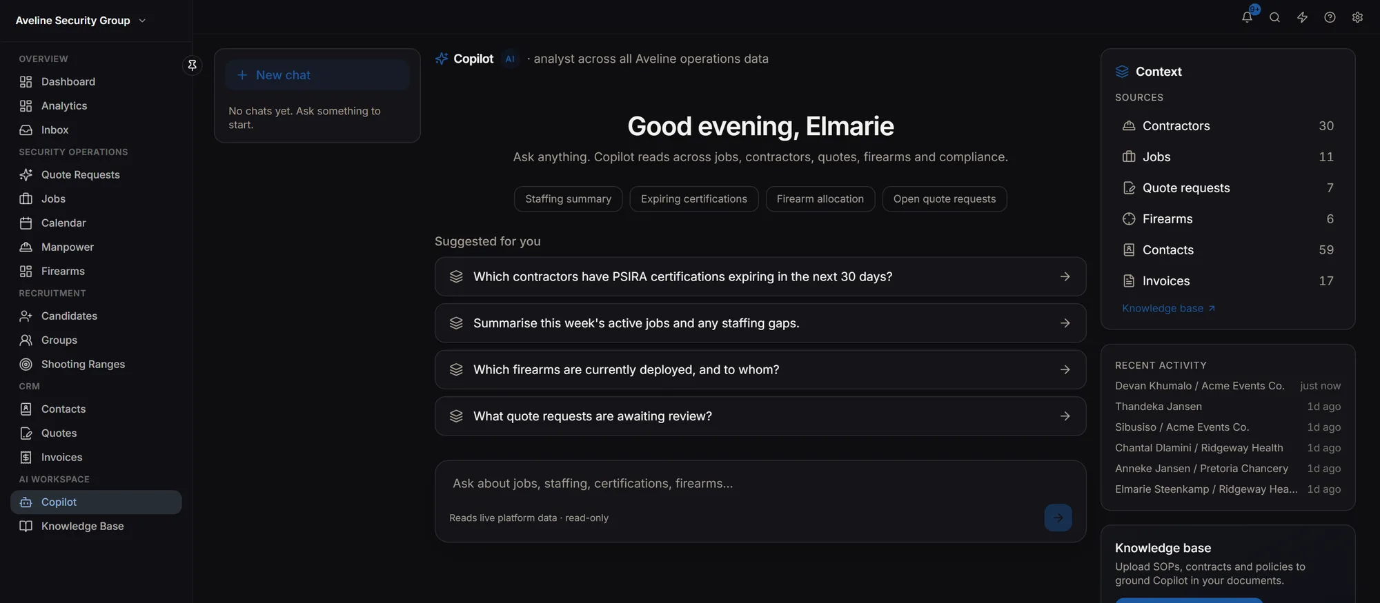 Contextual workspace ready to answer questions across the platform's data, with the record counts it reads